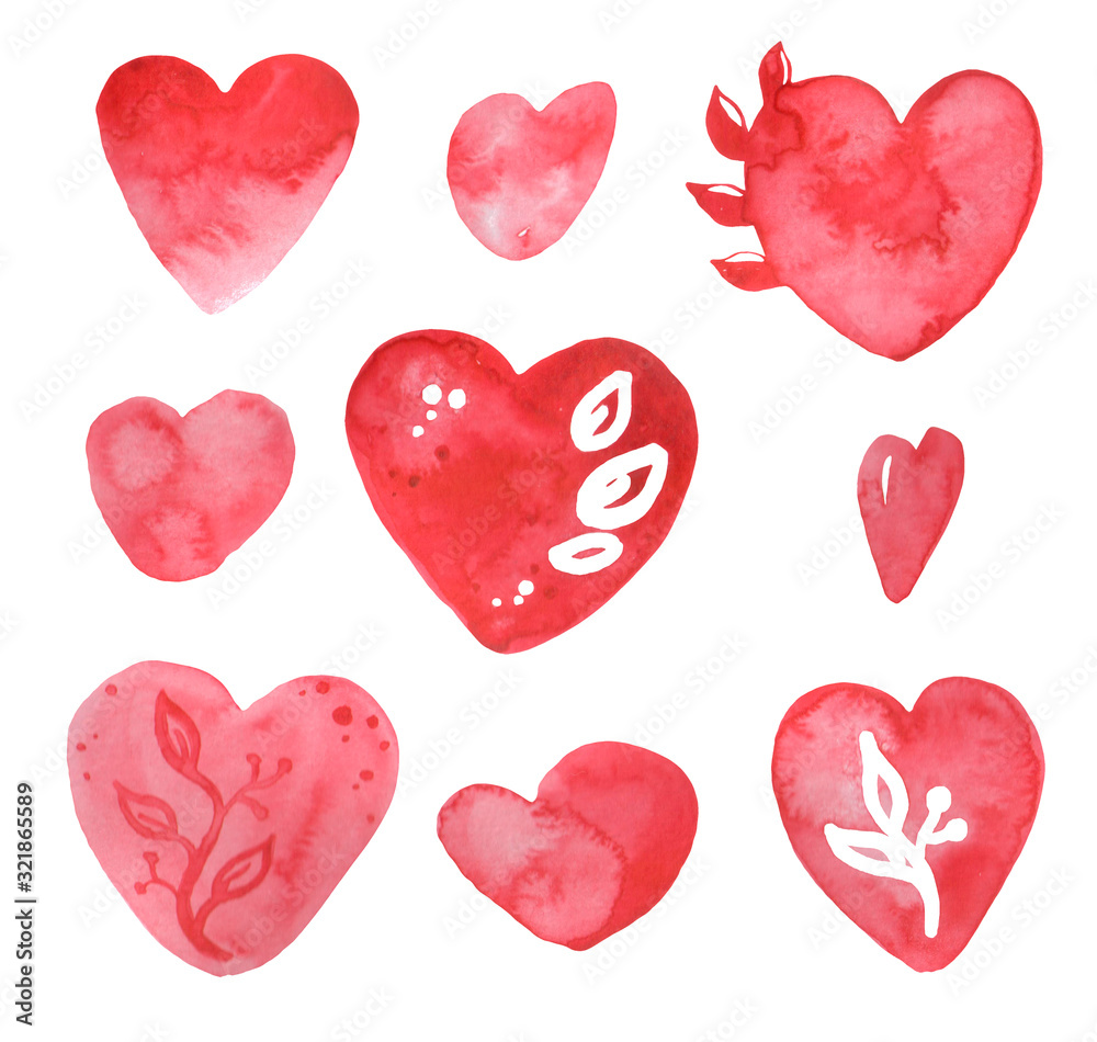 Watercolor romantic set with red hearts. Hand drawn elements isolated on white background.  Illustration perfect for design or kids textile