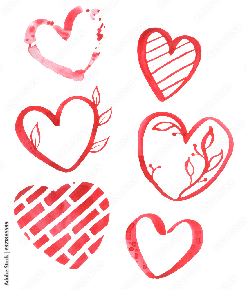 Watercolor romantic set with red hearts. Hand drawn elements isolated on white background. Illustration perfect for design or kids textile Watercolor romantic set with red hearts. Hand drawn elements isolated on white background. Illustration perfect for design or kids textile