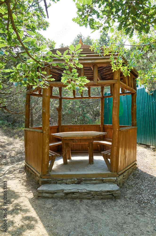 Wooden arbor for rest in the botanical reserve Novyi Svit, Crimea