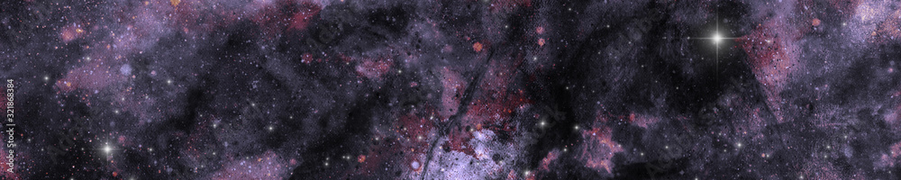 Horizontal banner. Abstract galaxy illustration with bright stars and nebula. Fantasy, celestial, sci-fi or futuristic background. Grunge effect. Dark shades of purple, grey and orange.
