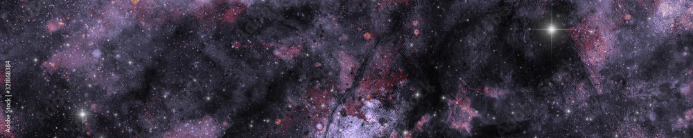 Fototapeta premium Horizontal banner. Abstract galaxy illustration with bright stars and nebula. Fantasy, celestial, sci-fi or futuristic background. Grunge effect. Dark shades of purple, grey and orange.