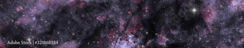 Horizontal banner. Abstract galaxy illustration with bright stars and nebula. Fantasy, celestial, sci-fi or futuristic background. Grunge effect. Dark shades of purple, grey and orange.