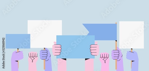 Vector illustration of people holding signs, banner and placards on a protest demostration or picket. People against violence, pollution, descrimination, human rights violation.