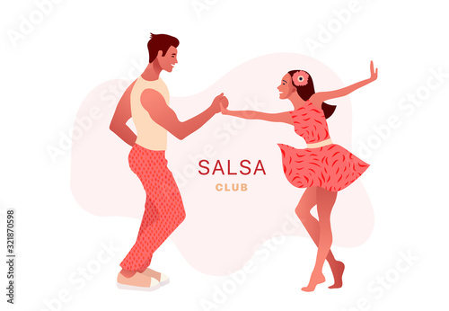 Salsa party club. Happy Valentine's Day. Beautiful young couple dancing salsa in the city. Street dancing. People in love, dating. Vector illustration cartoon style. Dance studio logo.