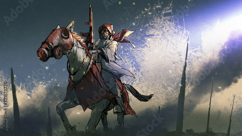 Naklejka apokalipsa wojownik w płaszczu z maską gazową, trzymając pistolet siedzi na koniu, styl sztuki cyfrowej, malarstwo ilustracyjne