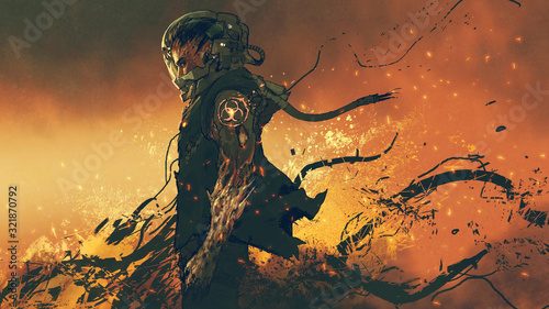 sci-fi character of an infected astronaut standing on fire, digital art style, illustration painting photo