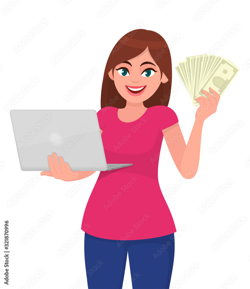 Trendy young woman holding laptop computer and showing cash, money, currency notes. Girl using digital device. Female character design illustration. Modern lifestyle, finance in vector cartoon style.
