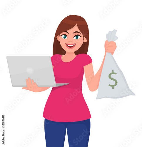 Young woman holding a new laptop computer and cash, money bag or sack. Stylish girl using digital device. Female character design illustration. Modern technology, finance concept in vector cartoon.