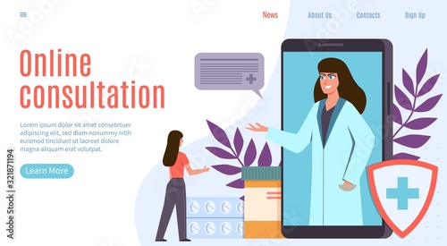 Online doctor. Healthcare internet application, online medical physicians consultation, diagnostics and drugs recipe, vector landing page