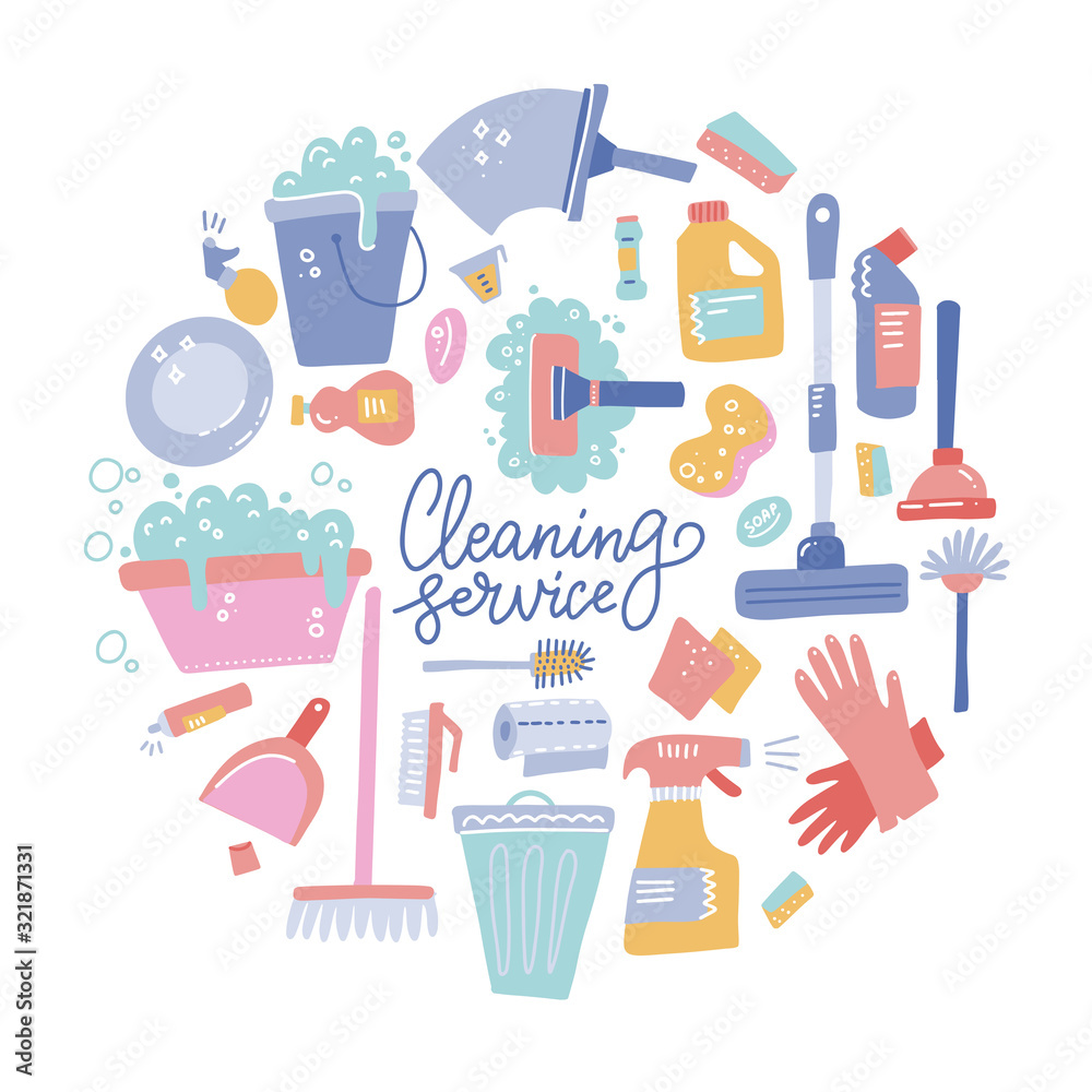 Cleaning tools round composition. Set of cleaning equipment. Collection of housekeeping symbols in doodle hand drawn style. Color conceptual vector illustration.