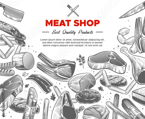 Sketch meat. Hand drawn meat organic products package design, beef and pork, sausage and lamb, ham and chicken, engraved vector background