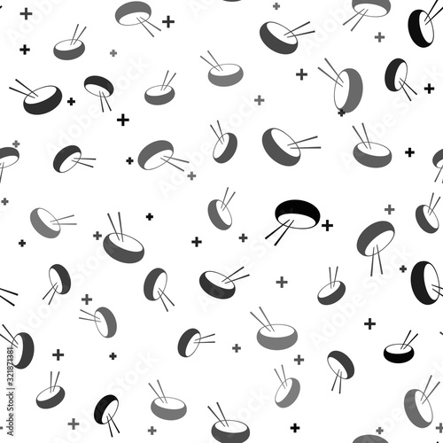 Black Bowl with asian food and pair of chopsticks silhouette icon isolated seamless pattern on white background. Concept of prepare, eastern diet. Vector Illustration