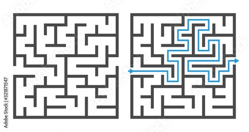 Maze game. Logic game labyrinth, square shapes brainteaser and solution, childrens puzzle exercise with entry and exit vector elements photo