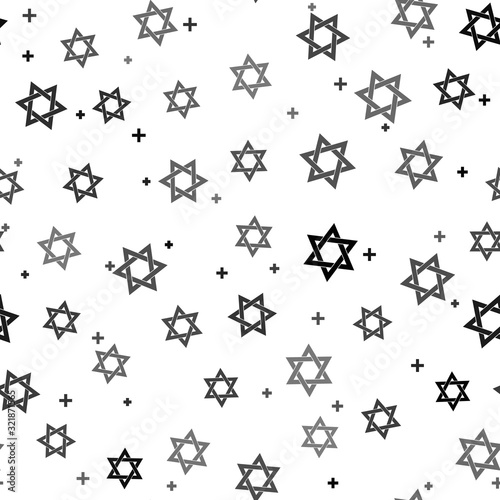 Black Star of David icon isolated seamless pattern on white background. Jewish religion symbol. Vector Illustration