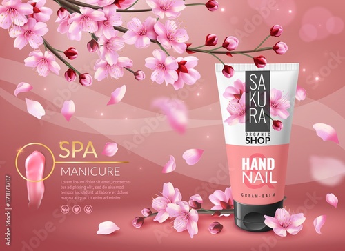 Sakura cosmetic. Cherry blossom sakura branches with pink petals cosmetics ad, cream or perfume bottle promotional poster vector template