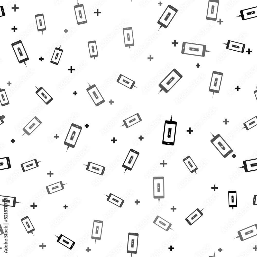 Black Smartphone battery charge icon isolated seamless pattern on white background. Phone with a low battery charge and with USB connection. Vector Illustration Black Smartphone battery charge icon isolated seamless pattern on white background. Phone with a low battery charge and with USB connection. Vector Illustration