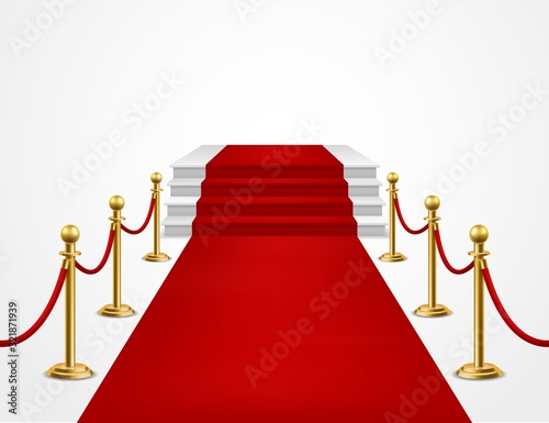 Red carpet. Grand opening, golden metal barriers and red carpet with podium for vip event, presentation celebrity awards vector background