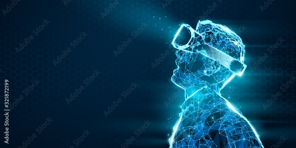 VR headset holographic low poly wireframe vector banner. Polygonal man wearing virtual reality glasses, helmet. VR games playing. Particles, dots, lines, triangles on blue background. Neon light. VR headset holographic low poly wireframe vector banner. Polygonal man wearing virtual reality glasses, helmet. VR games playing. Particles, dots, lines, triangles on blue background. Neon light.
