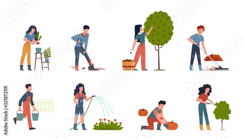 People gardening. Characters doing farming job watering, gathering, planting, growing and transplant sprouts using equipment vector set