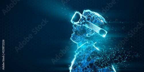 VR headset holographic low poly wireframe vector banner. Polygonal man wearing virtual reality glasses, helmet. VR games playing. Particles, dots, lines, triangles on blue background. Neon light.