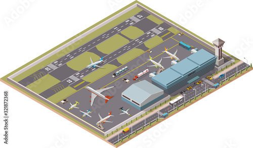 Airport Infographic vector isometric design elements. Map of the city's airport. Terminal, airport traffic, control tower, hangar, departure jet, airplanes, ground support vehicles and workers, runway
