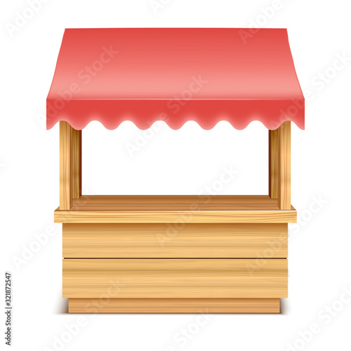 Fototapeta Naklejka Na Ścianę i Meble -  Realistic Detailed 3d Empty Wooden Market Stall with Red Roof Awning. Vector