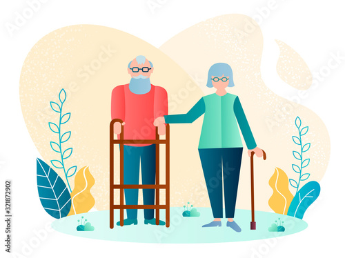 Handicapped elderly couple vector illustration.