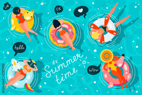 People floating on inflatable mattresses in a pool set, top view, women relaxing and sunbathing on different shape inflatable rings. Vector illustration