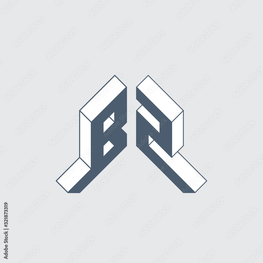 B2 - monogram or logotype. Isometric 3d font for design. Volume alphabet. Outline fonts. Original letters. B and number 2.