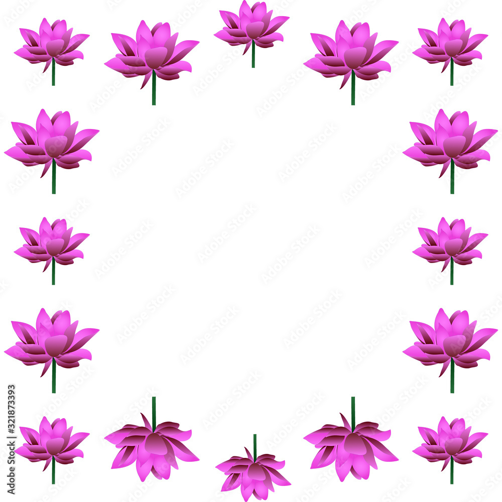 Cute frame of blooming lotuses. In the shape of a square. Pink water lily. Vector. Place for text, photo. Isolated background. The idea for creating a greeting card, invitation. Flower ornament. Cute frame of blooming lotuses. In the shape of a square. Pink water lily. Vector. Place for text, photo. Isolated background. The idea for creating a greeting card, invitation. Flower ornament.