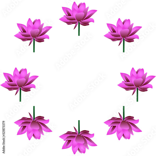 Cute frame of blooming lotuses.  In the shape of a circle. Pink water Lily. Vector. Place for text, photos. Isolated background. Idea for creating a greeting card, invitation. Floral ornament.