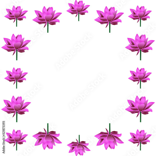 Cute frame of blooming lotuses. In the shape of a square. Pink water lily. Vector. Place for text, photo. Isolated background. The idea for creating a greeting card, invitation. Flower ornament.