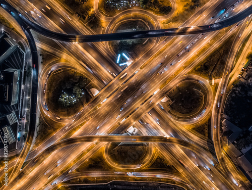 An aerial view of multilevel road junction taken with a drone in Moscow, Russia