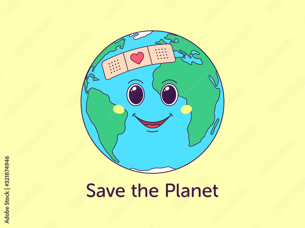Cartoon earth with cheerful face and text Save the Planet. Friendly earth  world for postcard, banner, poster. Stock Vector | Adobe Stock