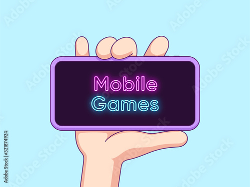 Cartoon human hand keeps and shows touchscreen phone with neon text Mobile Games on the display. Vector illustration