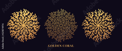 Fototapeta Naklejka Na Ścianę i Meble -  Golden reef coral by round shape. First set of gold coralline silhouettes