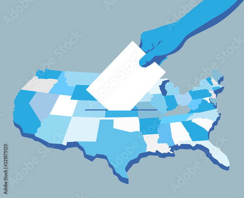 Giorno delle elezioni in America, mano che tiene la scheda elettorale, sfondo mappa americana - illustrazione vettoriale