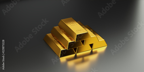 Gold bars are arranged in higher layers to communicate the higher value of gold, with investments, investments, savings and financial success.3D render