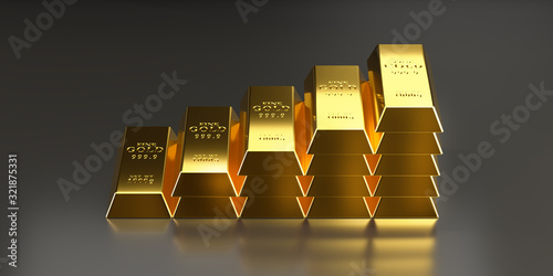 Gold bars are arranged in higher layers to communicate the higher value of gold, with investments, investments, savings and financial success.3D render