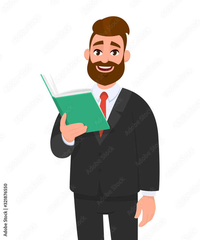 Young businessman is holding a book. Person reads textbook. Male character design illustration. Human emotions, facial expressions concept in vector cartoon style. Young businessman is holding a book. Person reads textbook. Male character design illustration. Human emotions, facial expressions concept in vector cartoon style.