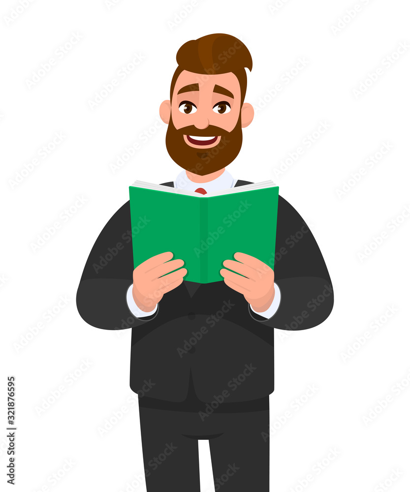 Young businessman is holding a book. Person reads textbook. Male character design illustration. Human emotions, facial expressions concept in vector cartoon style. Young businessman is holding a book. Person reads textbook. Male character design illustration. Human emotions, facial expressions concept in vector cartoon style.