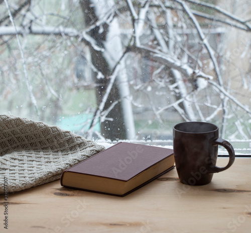 Snowy weather. Snow on trees and land. Bright white day. View outside the window sill with a cup of coffee and a book. And a warm blanket. Background.