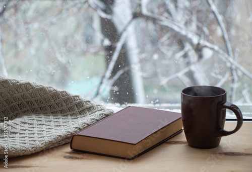 Snowy weather. Snow on trees and land. Bright white day. View outside the window sill with a cup of coffee and a book. And a warm blanket. Background.
