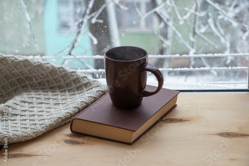 Snowy weather. Snow on trees and land. Bright white day. View outside the window sill with a cup of coffee and a book. And a warm blanket. Background.