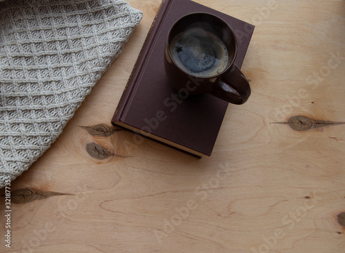 Snowy weather. Snow on trees and land. Bright white day. View outside the window sill with a cup of coffee and a book. And a warm blanket. Background.