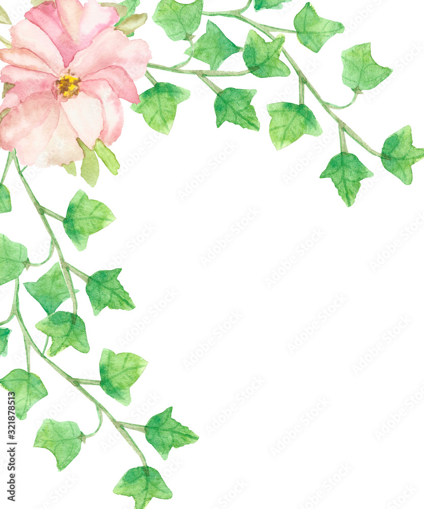 Watercolor hand painted nature eco floral frame composition with pink flower peony and green loach leaves on branches bouquet in the corner on the white background for invitations and greeting cards