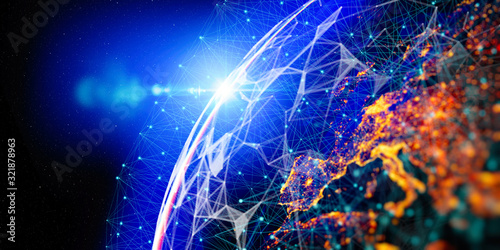 Fototapeta Naklejka Na Ścianę i Meble -  5G Communication technology for internet business. Global world network and telecommunication on earth cryptocurrency and blockchain and IoT. Elements of this image furnished by NASA