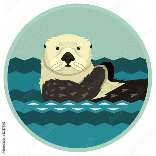 Sea Otter floating in the water Wild animals Cartoon Round frame Vector illustration Geometric style