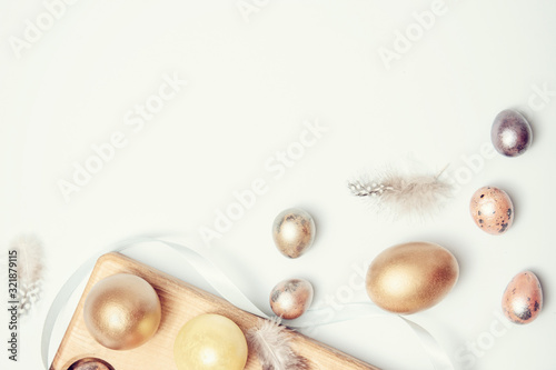 Easter eggs background, vintage colors. Flat lay, top view with copy space
