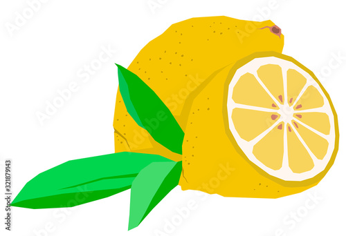 Lemon whole and cut with leaf flat isolated vector colorful illustration